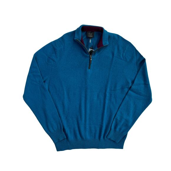 1-33 QI CASHMERE Men's Sweater Zip-Henley Teal 100% Cashmere Large - Picture 2 of 16